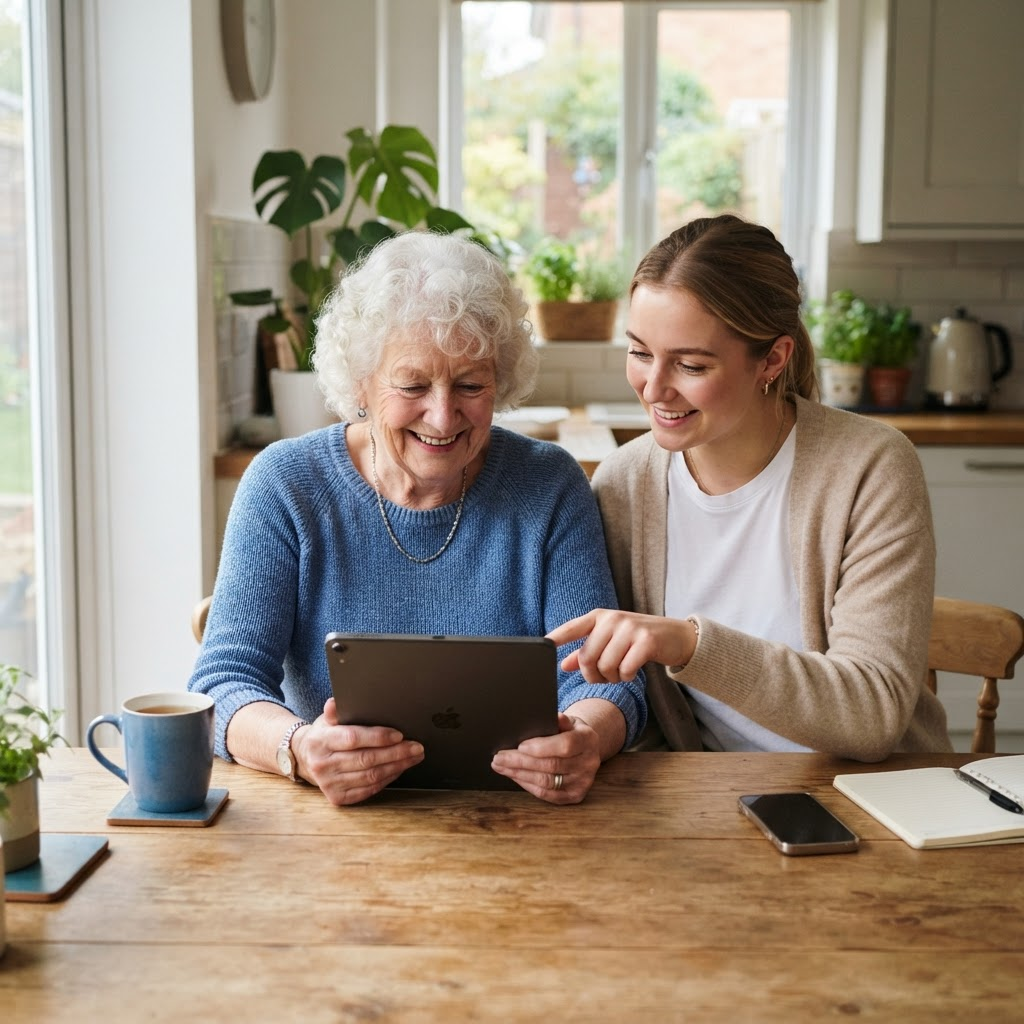 Ein freundlicher Helfer erklärt einer älteren Dame geduldig die Bedienung ihres Tablets
